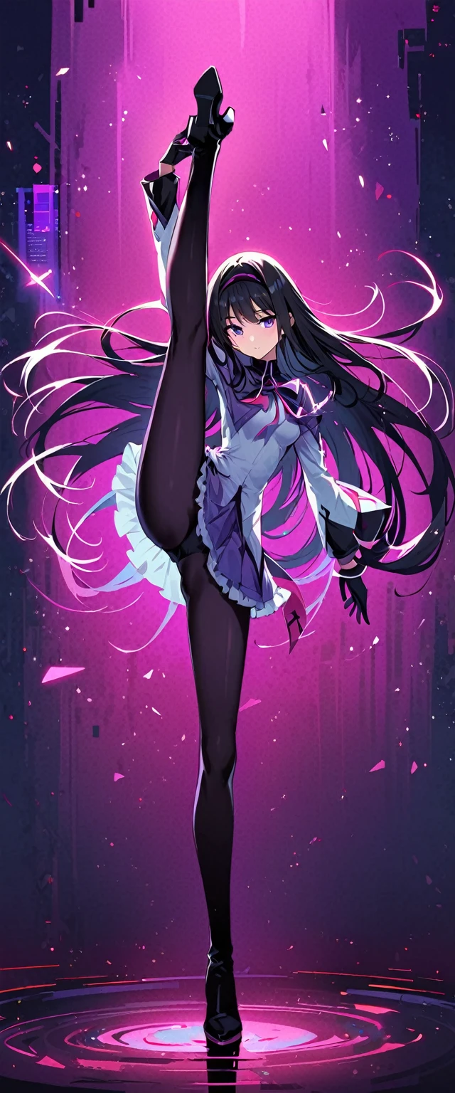 (Highest quality:1.2),One Girl, akemi, alone,Are standing_Split,ox，Magical Girl Clothes，boots，Purple eyes,Long Hair,Black Hair,bangs，Hair between the eyes,Pixelated Background,Neon Light,Sci-Fi Color Scheme,Vibrant colors,Metallic texture,Detailed shading,Holographic interface,Dark atmosphere,High Contrast,Sharp focus,Twigs of hair,Reflective surface,Exquisite detail,High resolution,Studio Lighting,Red accents,Illuminated surroundings,Artificial Intelligence Assistant