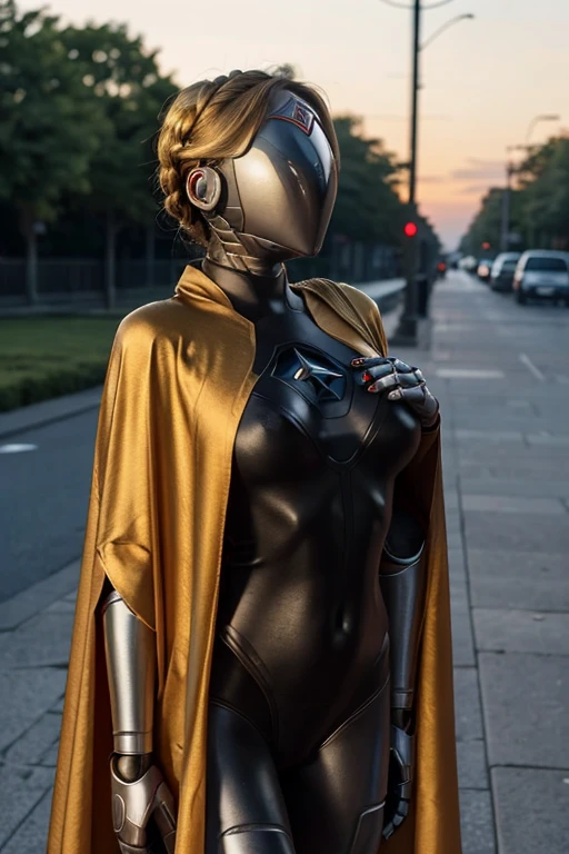 AHTwins, robot, no face, faceless, blonde hair, braid, star (symbol), traditional, standing, outside, black bodysuit, dusk, sunset, high quality, masterpiece, cape, cloak, cape under breasts