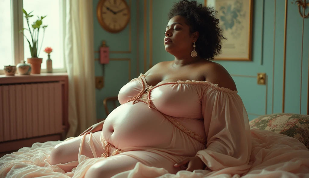 chubby pregnant women with extremely big belly, nude, mouth hanging open, lying on back, soles of feet in view, short hair, pink neon light, laying eggs