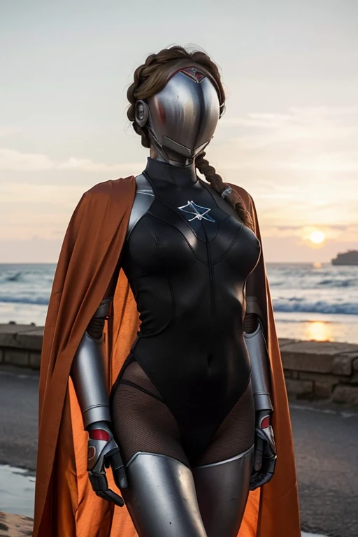 AHTwins, robot, no face, faceless, blonde hair, braid, star (symbol), traditional, standing, outside, black bodysuit, sunset, high quality, masterpiece, cape, cloak, cape under breasts, 