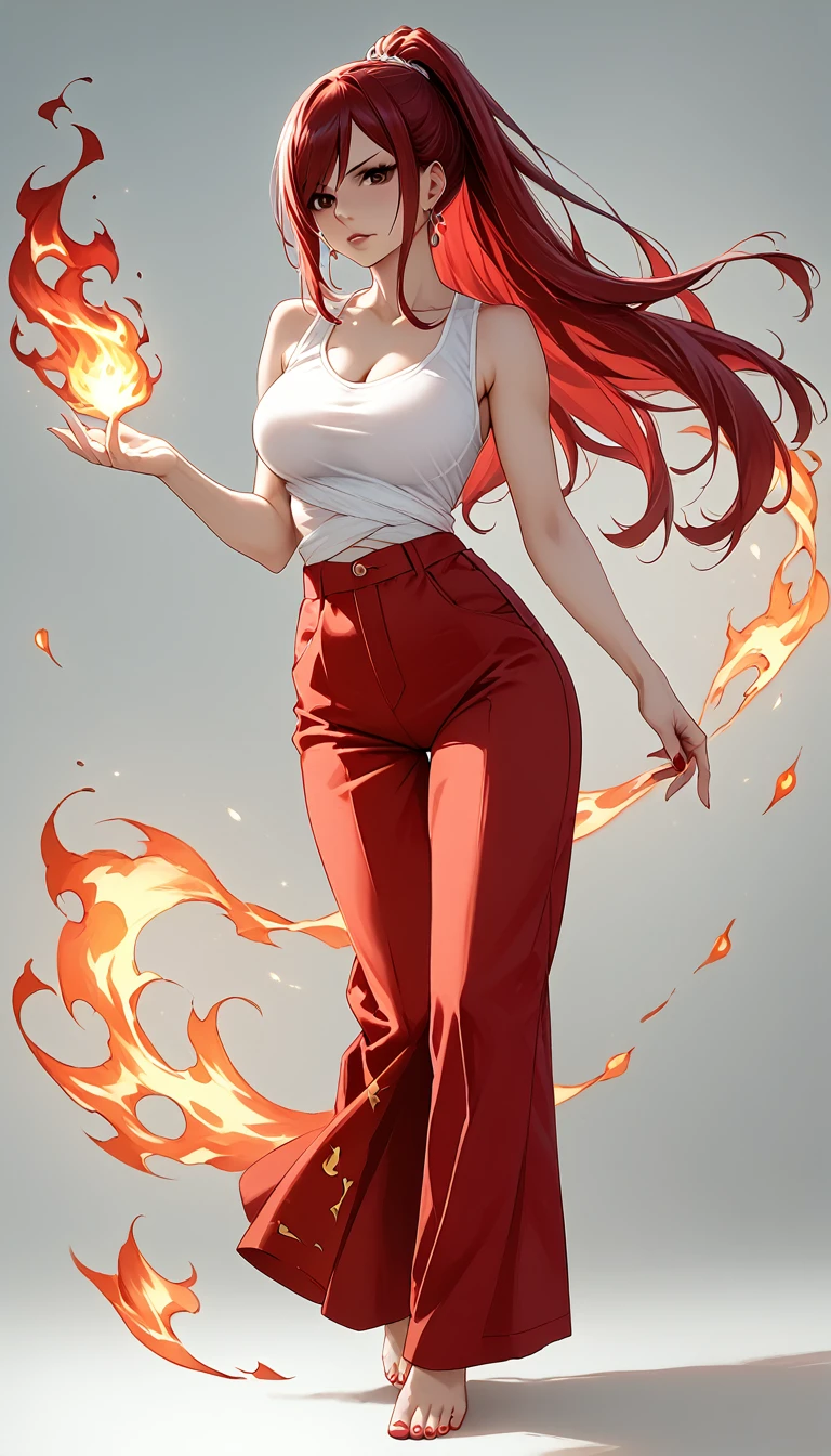 anime fantasy art style, a Goddess Lamia, flaming ruby red hair, long and flowing, beautiful bright red eyes, wearing a blue coat and stylish white t-shirt, hourglass body, looking at the viewer with a smile and posing with open arms. Detailed design, high quality, dynamic light