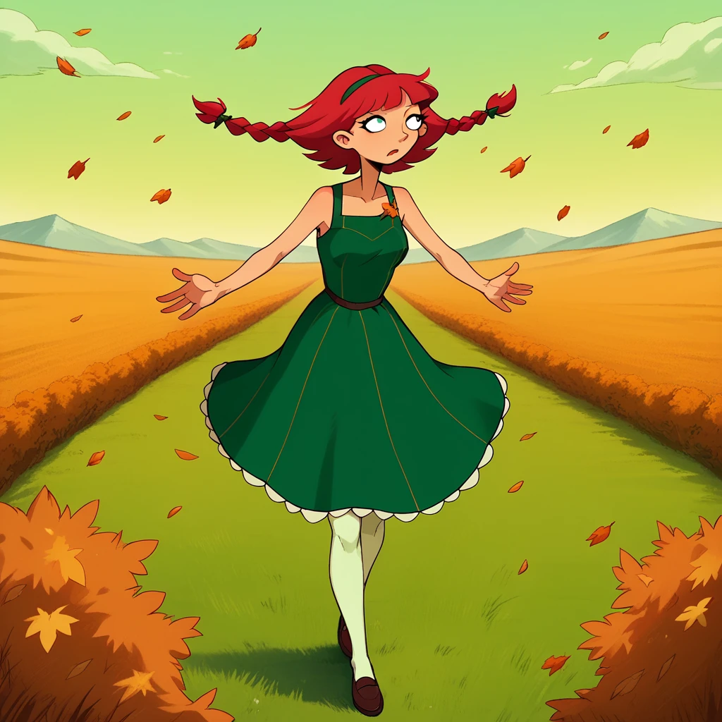 lila sawyer, red hair, two braids, green country dress, visible white stockings, wind, field, autumn 