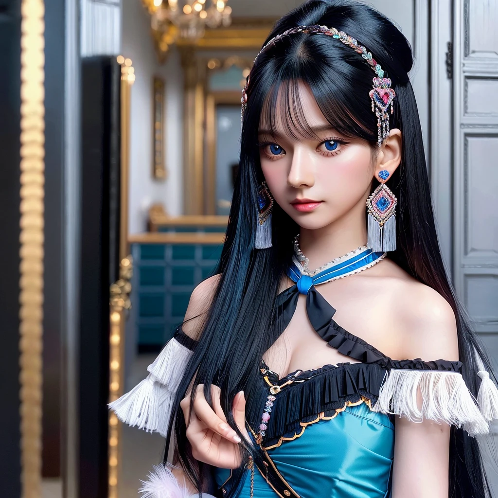 1 girl, Karina AESPA, cute, outfit coquette, Karina AESPA, Alone, high resolution, Long hair, blush, blue eyes, fringe, Karina AESPA, black hair, Hair ornament, jewelry, earrings, masterpiece, The best quality, Karina AESPA.