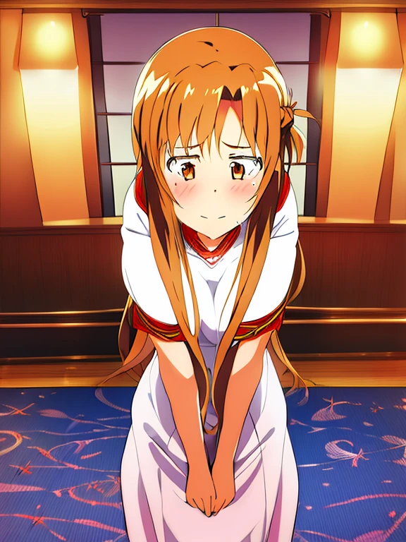 1girl,  yuuki asuna, brown eyes, brown hair, long hair, bangs, braid, empty eyes, large breasts,  Hotel, frozen, crying,  (1girl) 