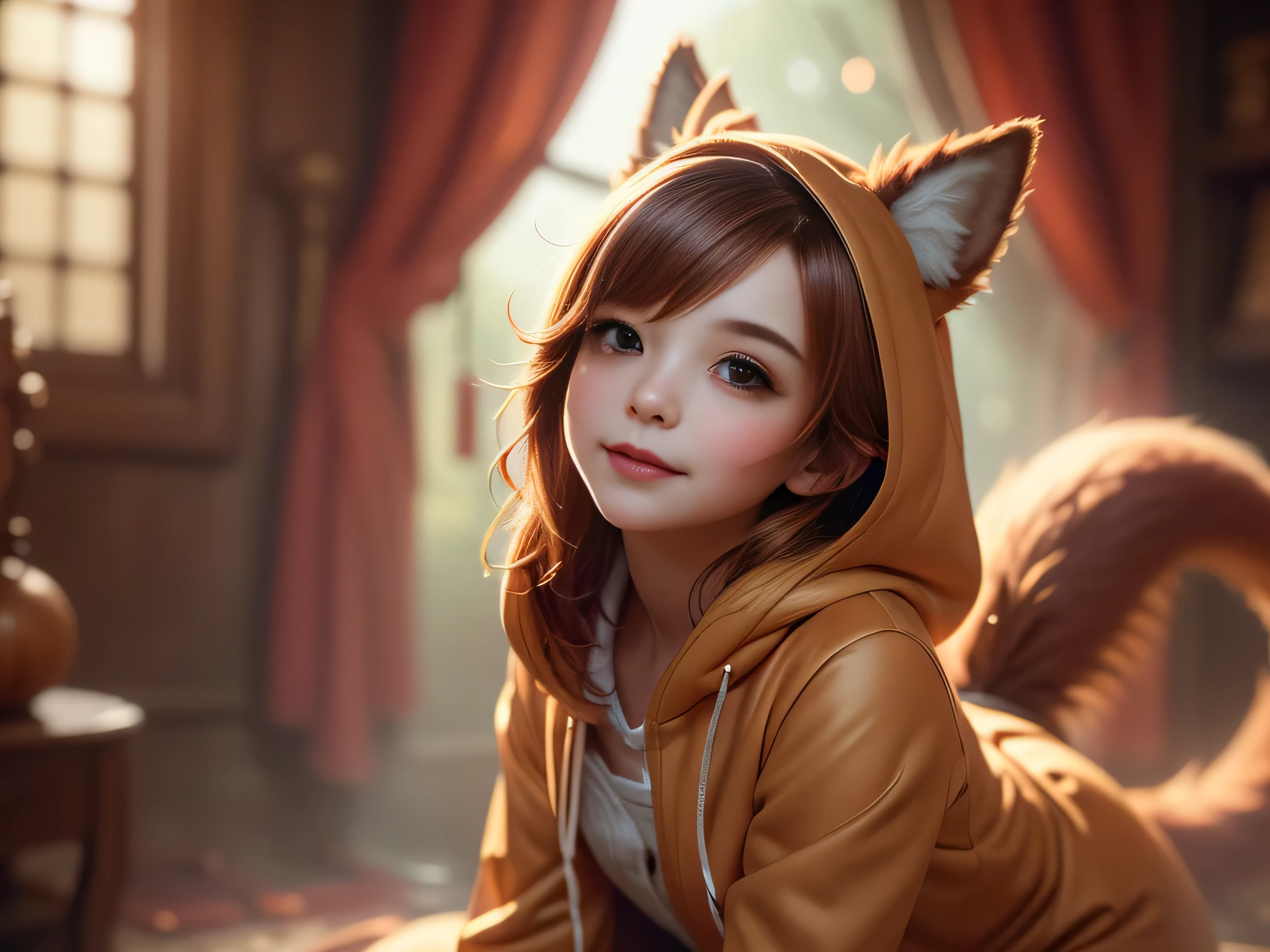 (Best Quality, Super Detailed, masterpiece, representative work, official art, professional, super high detail, 8k:1.3) Cute girl face, ginger hair, (((brown))) eyes, 1 girl, fox costume, hood, fox tail, furry, kneeling, forest, girl dressed as furry, Vivid colors, Red hair, Innocent expressions, Playful features, Natural lighting, Soft background, Photorealistic, Shining eyes, Sharp focus, Glowing skin, Sweet and mischievous look, Hint of mischief, Dreamy atmosphere, Delicate details, soft volumetric light, (backlight:1.3), (cinematic:1.2), intricate details, (ArtStation:1.3)