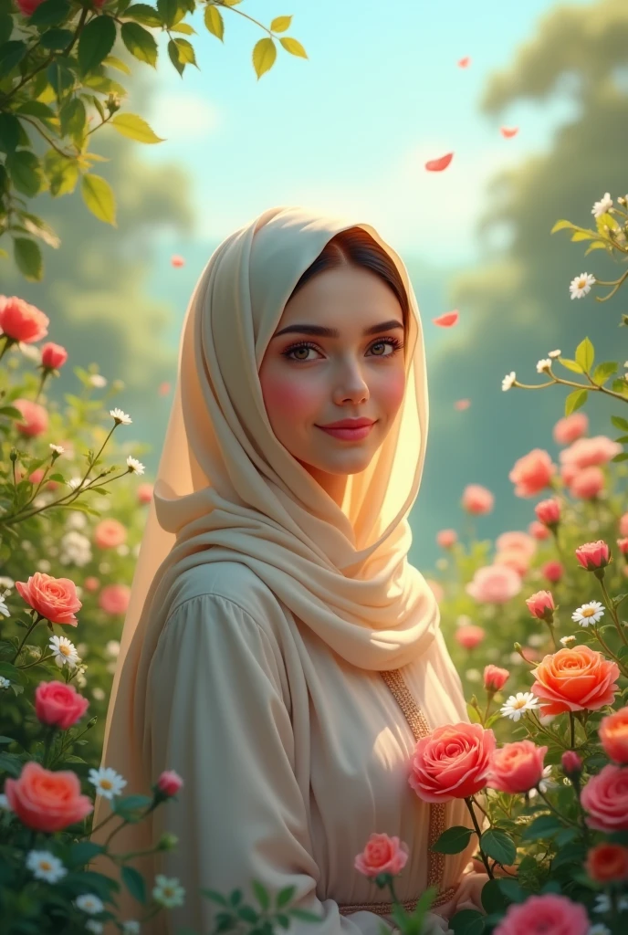Hijab ,middle Eastern, 20 yo , in the jungle, smile, white scarf