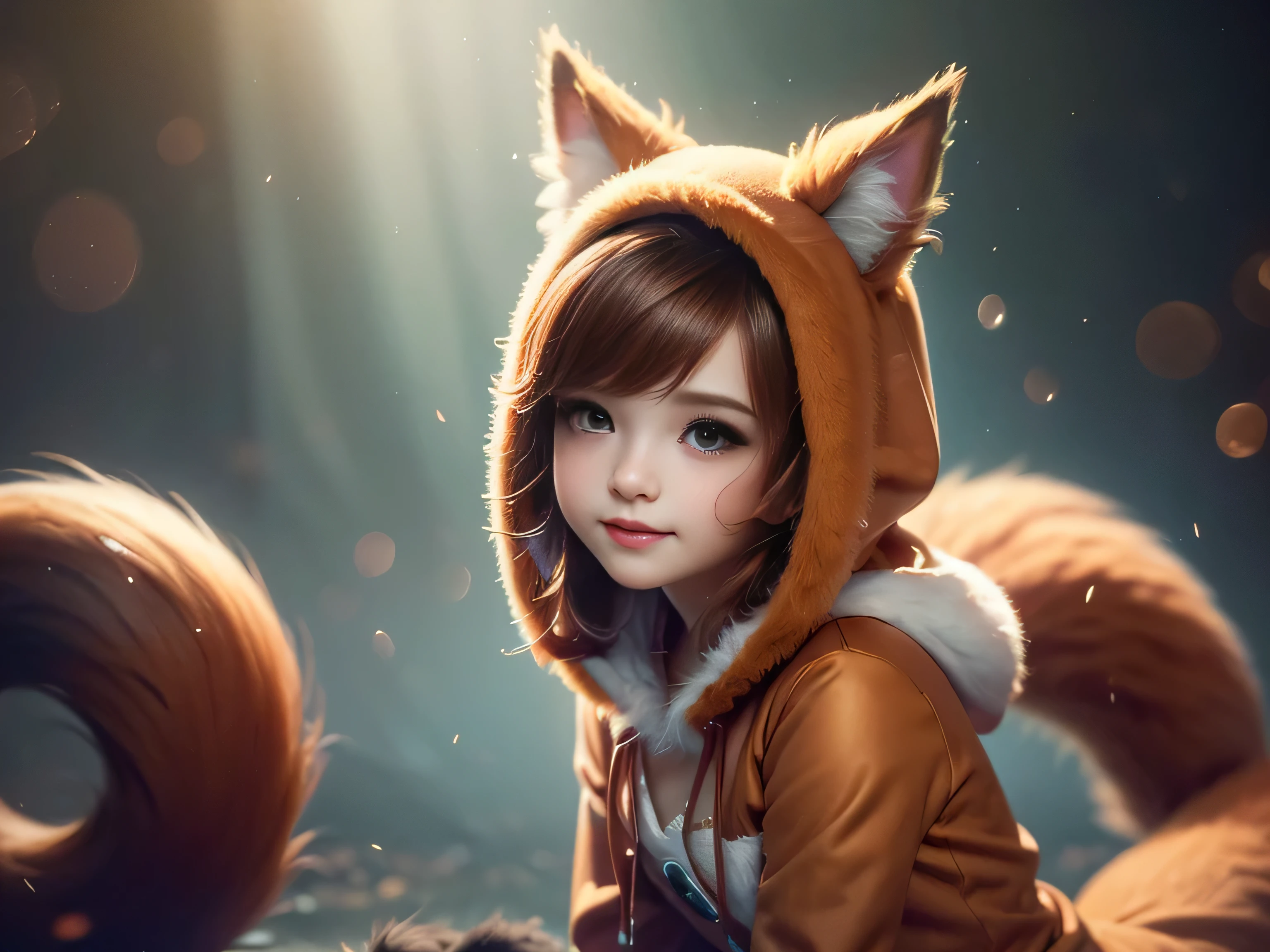 (Best Quality, Super Detailed, masterpiece, representative work, official art, professional, super high detail, 8k:1.3) Cute girl face, ginger hair, ((brown)) eyes, 1 girl, fox costume, hood, fox tail, furry, kneeling, girl dressed as furry, Vivid colors, Red hair, Innocent expressions, Playful features, Natural lighting, Soft background, Photorealistic, Shining eyes, Sharp focus, Glowing skin, Sweet and mischievous look, Hint of mischief, Dreamy atmosphere, Delicate details, soft volumetric light, (backlight:1.3), (cinematic:1.2), intricate details, (ArtStation:1.3)