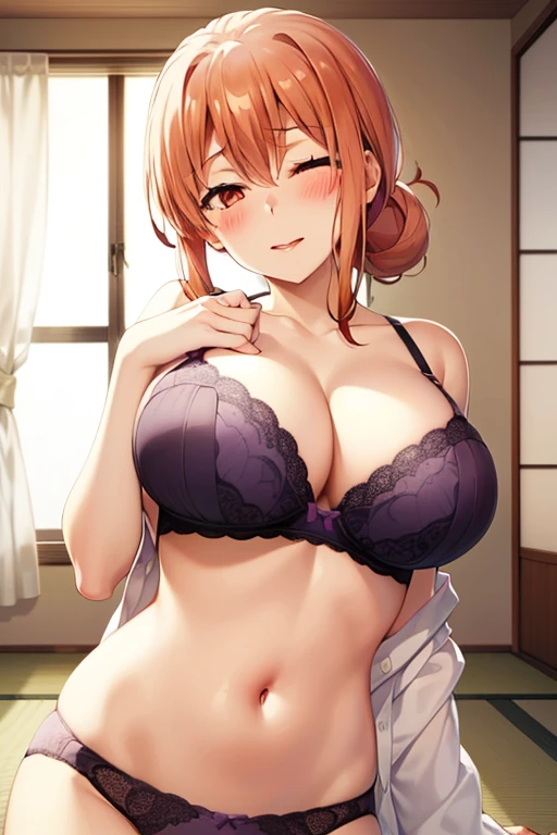 (hdr, highest resolution, best quality, beautiful, raw image, super detailed skin, perfect anatomy, nsfw)), , ((1girl)), (orange hair), brown eyes, (half closed eyes:1.9), (blushing:1.6), ((seductive smile)), ((head tilt left)), (open mouth), (slender), (large breasts)), (naked:1.4), (pubic hair), tits ,pink nipple, thigh, cleavage, barefoot, ((((purple underwear, bra, panties)))), (( japanese style room, tatami, shoji window, no shoes, daytime)), low table, (standing), , ((undressing bra)), ((upper body, face focus))