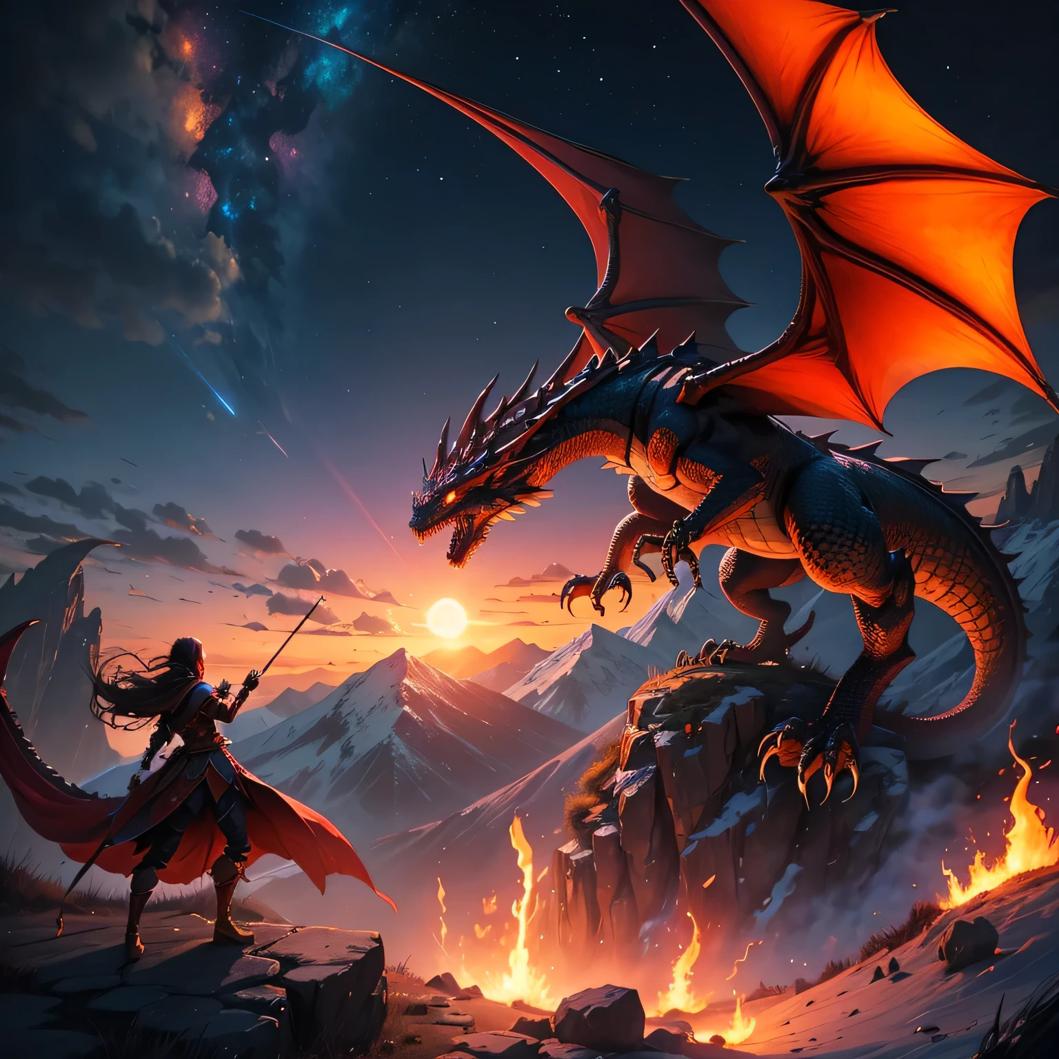  (A European dragon with 2 wings standing on a rocky ledge ), solo, lava waterfall, dust cloud red sun, BREAK, mystical creature, realistic, ultra detailed, dynamic pose, moonlit night, detailed mountain wasteland background, rocks in the foreground