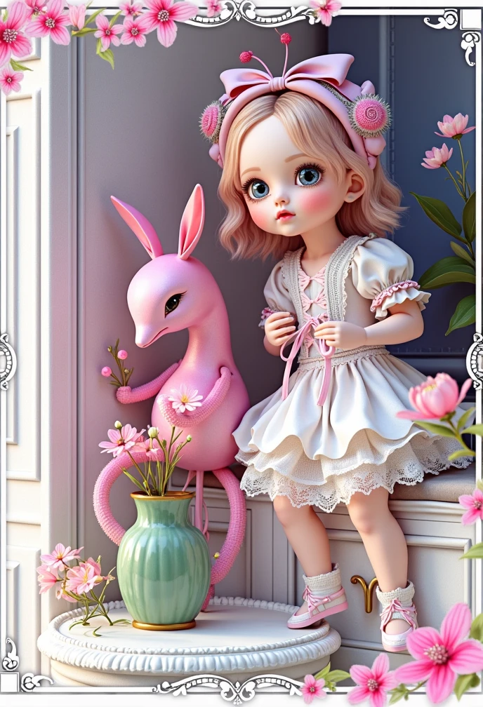 Kawaii, rabbit miniature, doll fairy miniature, gold, Miniature Core, Miniature World, realistic, pink, Opalescent, ball crystal, intimate portrait composition, Leica 50mm, f1. 4,Highly Detailed,(Low Contrast:1.3)