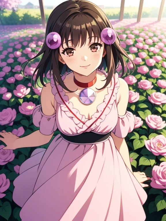 (masutepiece, Best Quality, hight resolution, nffsw, Perfect Pixel, depth of fields, 4K), 1girl in, , Beautiful anime girl, Perfect body, ,, Reala, hair ornament, red choker, pink dress,  smile , flower garden, many flower ,
