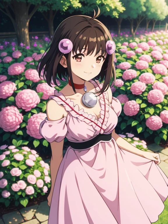 (masutepiece, Best Quality, hight resolution, nffsw, Perfect Pixel, depth of fields, 4K), 1girl in, , Beautiful anime girl, Perfect body, ,, Reala, hair ornament, red choker, pink dress,  smile , flower garden, many flower ,
