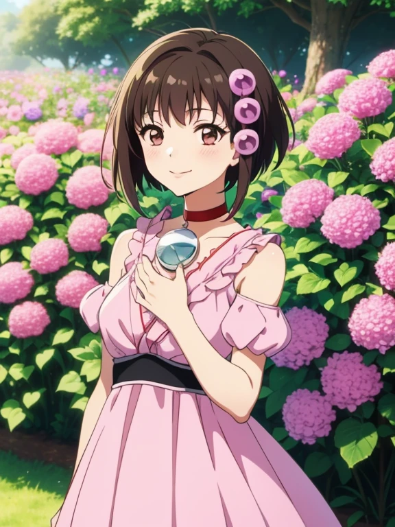 (masutepiece, Best Quality, hight resolution, nffsw, Perfect Pixel, depth of fields, 4K), 1girl in, , Beautiful anime girl, Perfect body, ,, Reala, hair ornament, red choker, pink dress,  smile , flower garden, many flower ,
