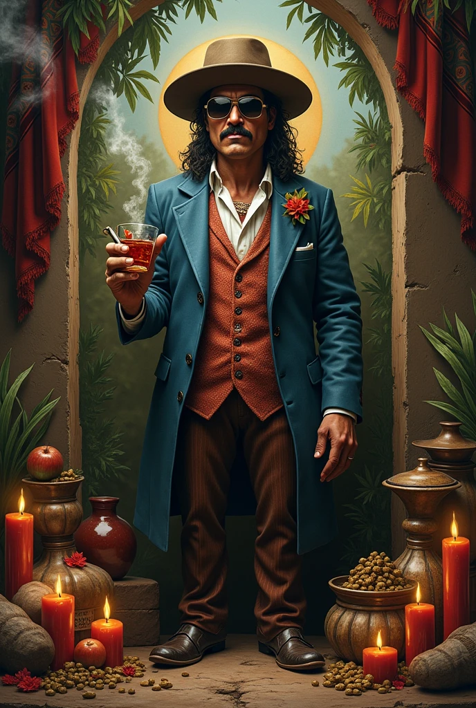 Make a tarot style picture, an evil man, treacherous, beer, alcohol, poison, knife in hand, wine glass in hand, whiskey, highly poisonous potion