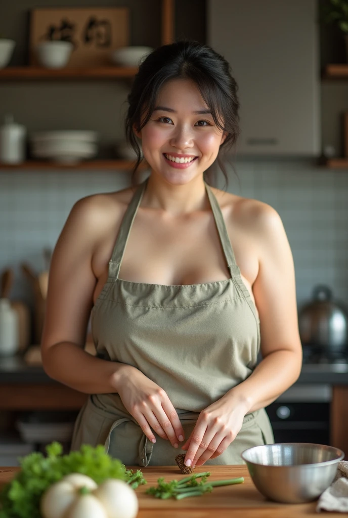 A beatiful indonesian young mom, slightly plump, only wearing an apron without shirt, is cooking in the kitchen. The kitchen atmosphere is a background detail. look at the viewer, natural light, realistic photography, wide angle shot.