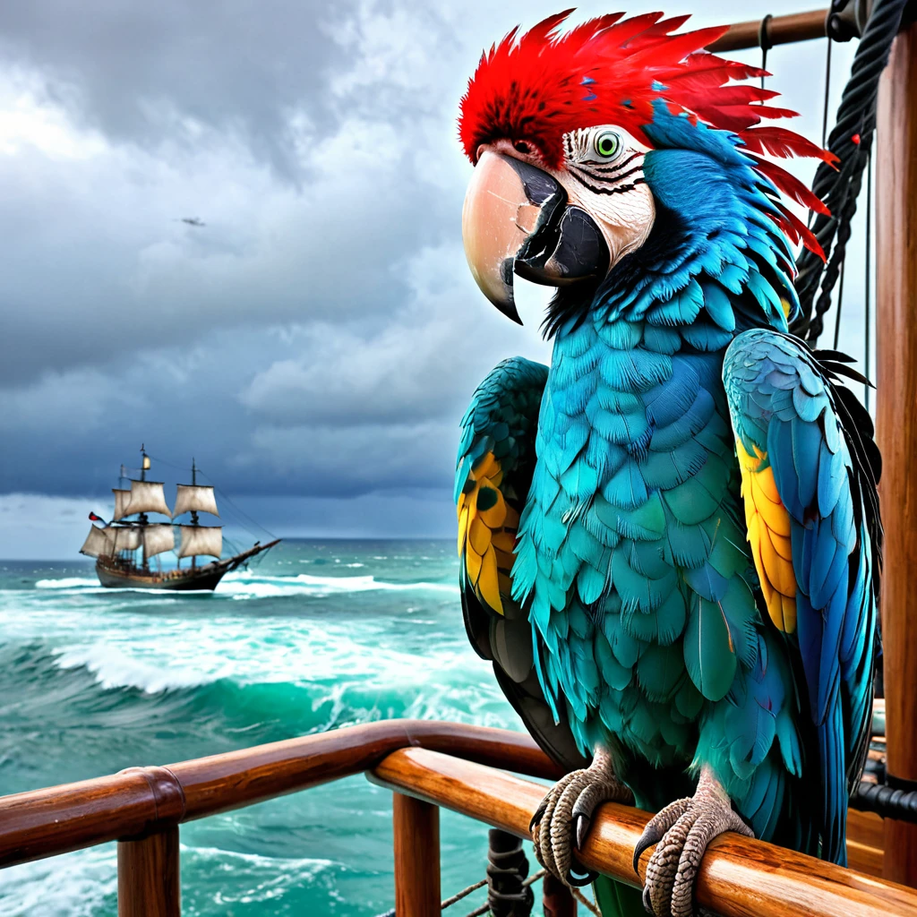 /On the bow of a weathered pirate ship, a rugged, wooden-legged pirate stands tall, his stance strong despite the creaking deck beneath him. Perched on his shoulder, a vibrant parrot with emerald green and fiery red feathers squawks, but the pirate's attention is suddenly drawn skyward. His sun-scarred face twists into an expression of pure astonishment as an unexpected shower of blue hearts begins to descend from the heavens. The hearts, soft and glowing with an ethereal light, fall gently like raindrops, swirling in the breeze as they cascade down onto the ship’s bow. His wide, rough hands instinctively reach out to catch a few of the luminous shapes, their delicate glow contrasting sharply with his weathered, calloused skin. The parrot flutters its wings in surprise, its beady eyes reflecting the blue hue of the falling hearts, while the pirate's one good eye, framed by a jagged scar, glints with disbelief. Around him, the wooden planks of the vessel shimmer slightly under the surreal shower, the vibrant blue hearts standing out against the muted tones of the aged wood and dark sea beyond. The ship rocks gently on the waves, its sails billowing lazily in the wind, but the entire crew is silent, entranced by the bizarre yet beautiful spectacle. The blue hearts, floating down in soft spirals, seem to defy logic, filling the air with a strange sense of wonder and peace, transforming the grim atmosphere of the pirate’s life into a moment of unexpected magic. Every detail of the scene is sharp and ultra-realistic, from the pirate’s astonished face to the soft glow of the hearts as they land lightly on the weather-beaten deck, creating a striking contrast between the gritty world of the pirate and the dreamlike beauty of the hearts descending from the sky.