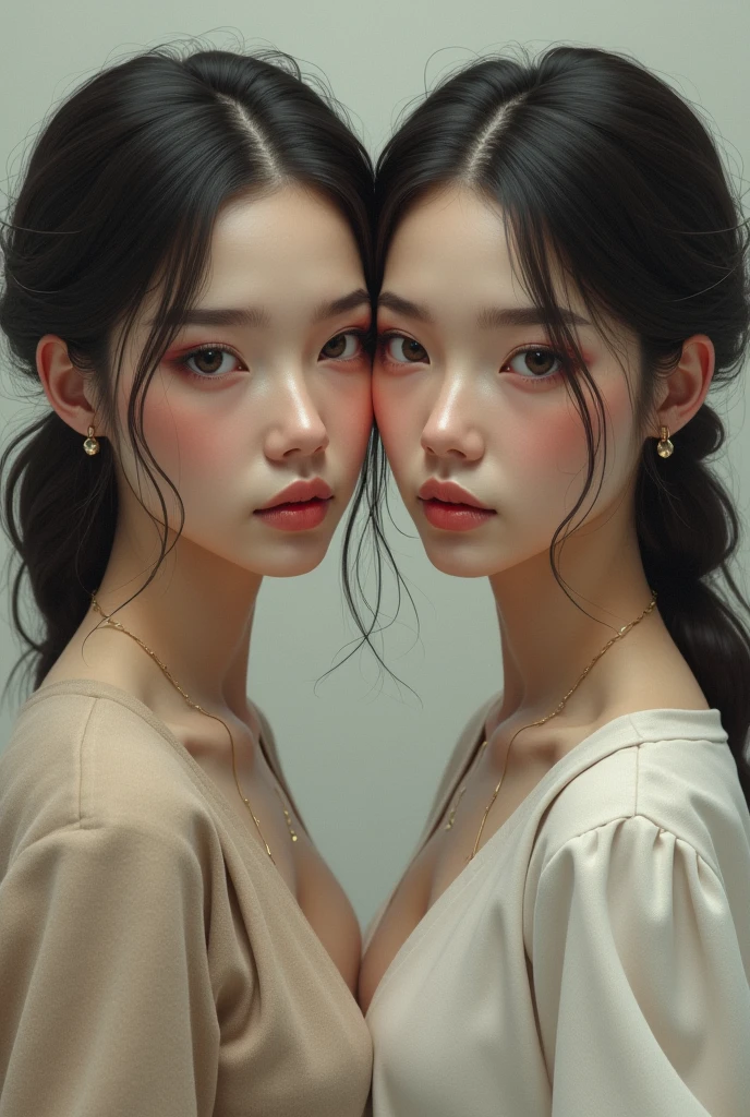 (Two heads), 1girl, face, white background, two heads spaced equally on one chest, extreme close-up, extremely long hair, orange under-dye