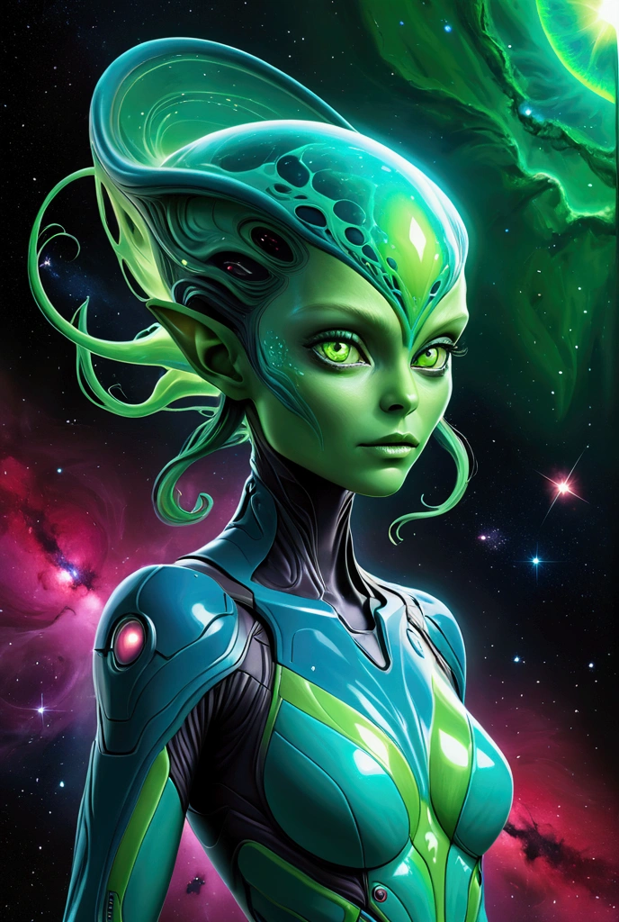 (3D，Cyborg aliens，fear，ais-scrapyrd，Alien alien creatures，Black Light Art)，(使用广角镜头拍摄whole body图像:1.9)，(masterpiece:1.1)，(Highest quality:1.1)，(HDR:1.0)，Ambient Light，Ultra high quality，(Ultra-detailed original illustrations)，((((An alien creature，Possessing multiple brightly colored appendages and eyes that flash in various hues，When it moves in a zero-gravity environmen body emits bioluminescence，Its body is carved with intricate patterns，Similar to the constellations in the sky，Its skin color changes depending on its surroundings，This alien creature lives in an alien terrain filled with bioluminescent plants，These plants emit a soft radiant light，Casts an otherworldly glow across the dark background landscape))))，Double Exposure，Fusion of Fluid Abstract Art，(Fault:1.5)，(Original illustration composition)，(Limited color blending，Extreme art style，Geometric artstyle), Colorful neon lights，High-tech mechanical parts，Metal body，(Detailed Vibranium Design:1.3)，Vibrant colors，Dynamic glow，Reflective metal surface，Bright environment，Dynamic poses，Exquisite existence，Skills Improvement，Interlocking mechanical gears，Stylish design，motion blur effect，Detailed metal treatment，Sci-fi atmosphere，Streamlined aerodynamic shape，Laser scanning pattern，Holographic projection，LED light track，Beautiful and unforgettable，Advanced sensors，Complex algorithms，Ominous and mysterious atmosphere，Electric Spark，Shiny chrome，Propulsion systems of the future，(Best quality，8k，high resolution，masterpiece:1.2)，Super detailed，(whole body:1.8), magazine photography，Popular on social platforms，((Dopamineism))，(((Dopamine color matching)))，Dopamine，(in the style of Y2K)，Luo Erchun，3D古风，Oriental poetry and painting