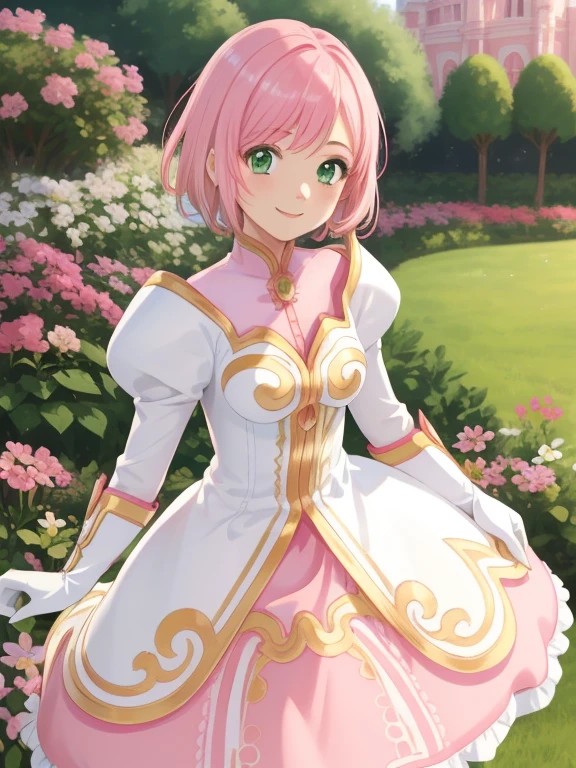 masterpiece, best quality, ultra detailed, 1girl ,Estellise Sidos Heurassein, pink hair, short hair, green eyes, small breasts, white and pink dress, ornate dress, pink collar, pink skirt, white boots, white gloves, , smile , flower garden, many flower ,