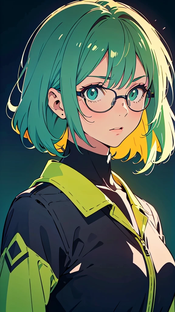cosplay, E-girl+++, fembot, shiny, green hair, glasses, wearing black frame glasses, female android, with glasses, Asian, malfunction fembot, popular pronstar, Scientistcosplay, {E-girl, fembot, shiny}, {green hair}, a woman glasses, wearing black frame glasses, beautiful female android beautiful, with glasses, {E-girl}, high res,{{fembot}} {Gamer girl}, E-thot, {{full body}}, Two-tone hair realistic, high-res, yandere,(masterpiece), best quality, expressive eyes, glowing eyes, (perfect face: 1.3), smile, beautiful woman, dominant, confident, highly detailed, extreme detail, raytracing, Volumetric lighting, and Dynamic Shadows. masterpiece, best quality, volumetric lighting, dynamic pose, intricately detailed outfit, intricately detailed face, perfect eyes", dynamic pose