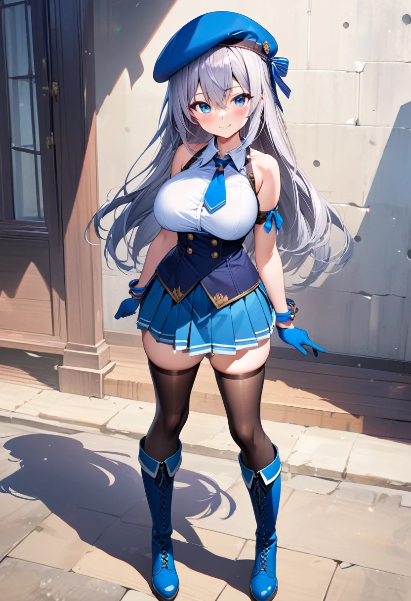 (full body),masterpiece, Highest quality, High resolution, One girl, alone, Grey Hair, Blue eyes, sunfes,band uniform, No sleeve, White gloves, Pleated skirt, Knee-high boots, Cowboy Shot, Hands on hips, smile, Open your mouth, Outdoor
