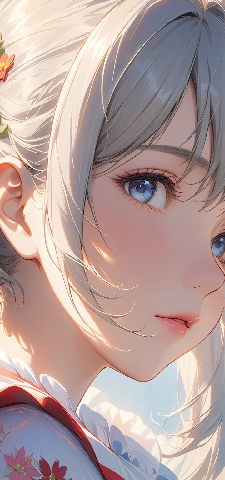 masterpiece, Best Quality, Super detailed, 8k, Detail Light, Detailed Shadows, Born(Delicate skin), (Genuine: 1.2),, 1 girl, Gray Hair, one piece ,Eye close-up, write
