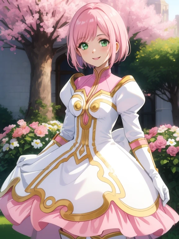 masterpiece, best quality, ultra detailed, 1girl ,Estellise Sidos Heurassein, pink hair, short hair, green eyes, small breasts, white and pink dress, ornate dress, pink collar, pink skirt, white boots, white gloves, , smile , flower garden, many flower ,