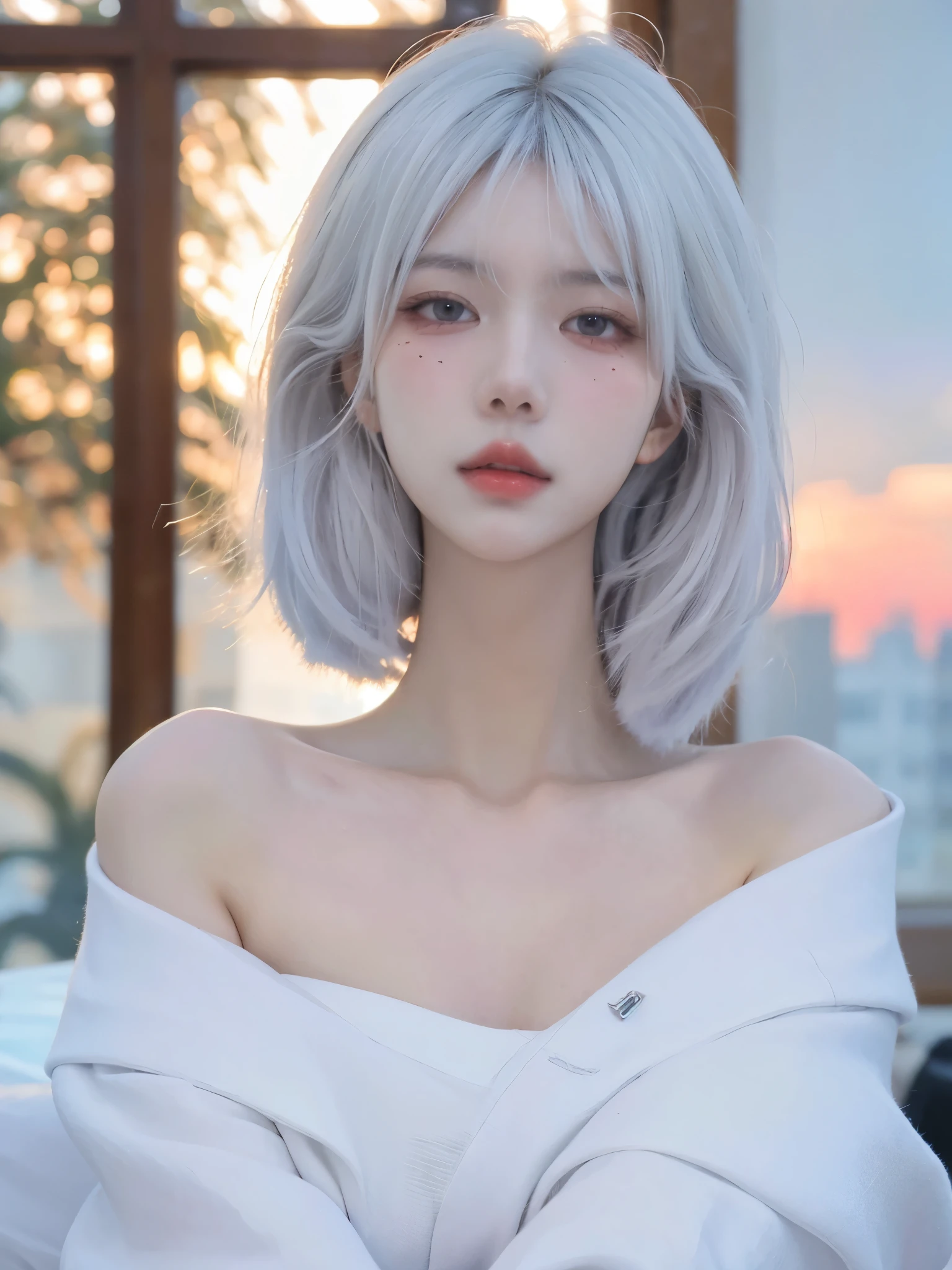 High quality,2k,Beautiful woman,((Vision:1.4)),Snow-white and translucent skin,Cold and ruthless expression,Have a perfect body:1.4,Layered Hairstyle,whole body,Highly detailed face and skin texture,Double eyelids,Skin Whitening,Long white hair
