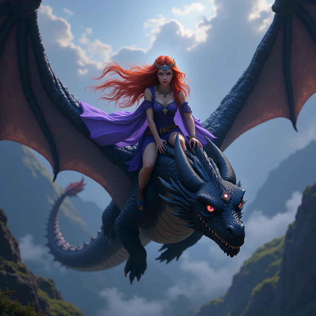 girl with red long hair and purple eyes flying on a black dragon