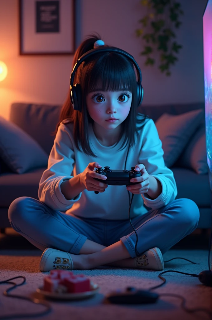 Best quality photo of a photo realistic 9yo blonde girl playing video games in her panties looking confused. Wearing headphones