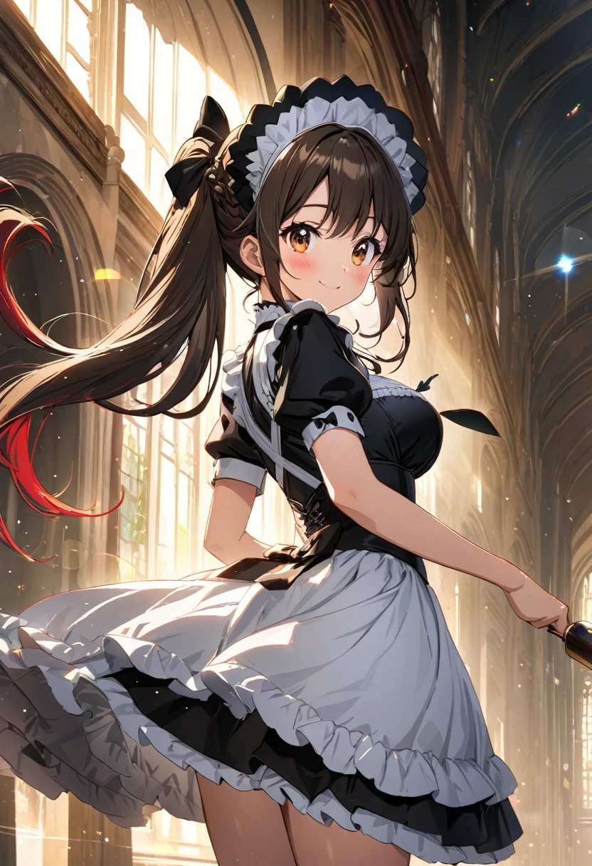 Ultra High Quality, Super Detailed, 4K, 8K, Super Beautiful CG, highly detailed anime-style illustration, (best quality:1.4), Blush, (Outline:-1), (Soft painting style:1.2), (Light particles:1.5), (Lens Flare:1.5),
Solo girl, cowboy shot, from back, look at camera, She is happy smile, large expressive eyes, Beautiful ,
long hair, hair tied back with a ribbon on one side,
She dressed in a high detailed classic maid outfit with thigh high socks, thigh high socks is dark brown color,
The maid outfit features a high dark brown collar anda fitted bodice and a short sleeved blouse with delicate lace trim,
She wears a white apron with minimal embellishments over the dress,
The skirt is full and voluminous, creating a graceful and elegant silhouette,
She has a white headpiece such as a maid cap or bonnet and black Mary Jane shoes elegant setting and perhaps reminiscent of a Victorian or Edwardian interior,
The outfit is accented with decorative elements like lace trimmings and a bow at the collar,
The colors of the outfit are primarily black and white with subtle shades of grey,
The background showcases an indoor setting filled with natural light casting soft shadows highlighting features like an elegant bouquet of flowers including roses in vibrant reds and yellows set against neutral-toned walls that enhance the overall serene atmosphere of the composition,