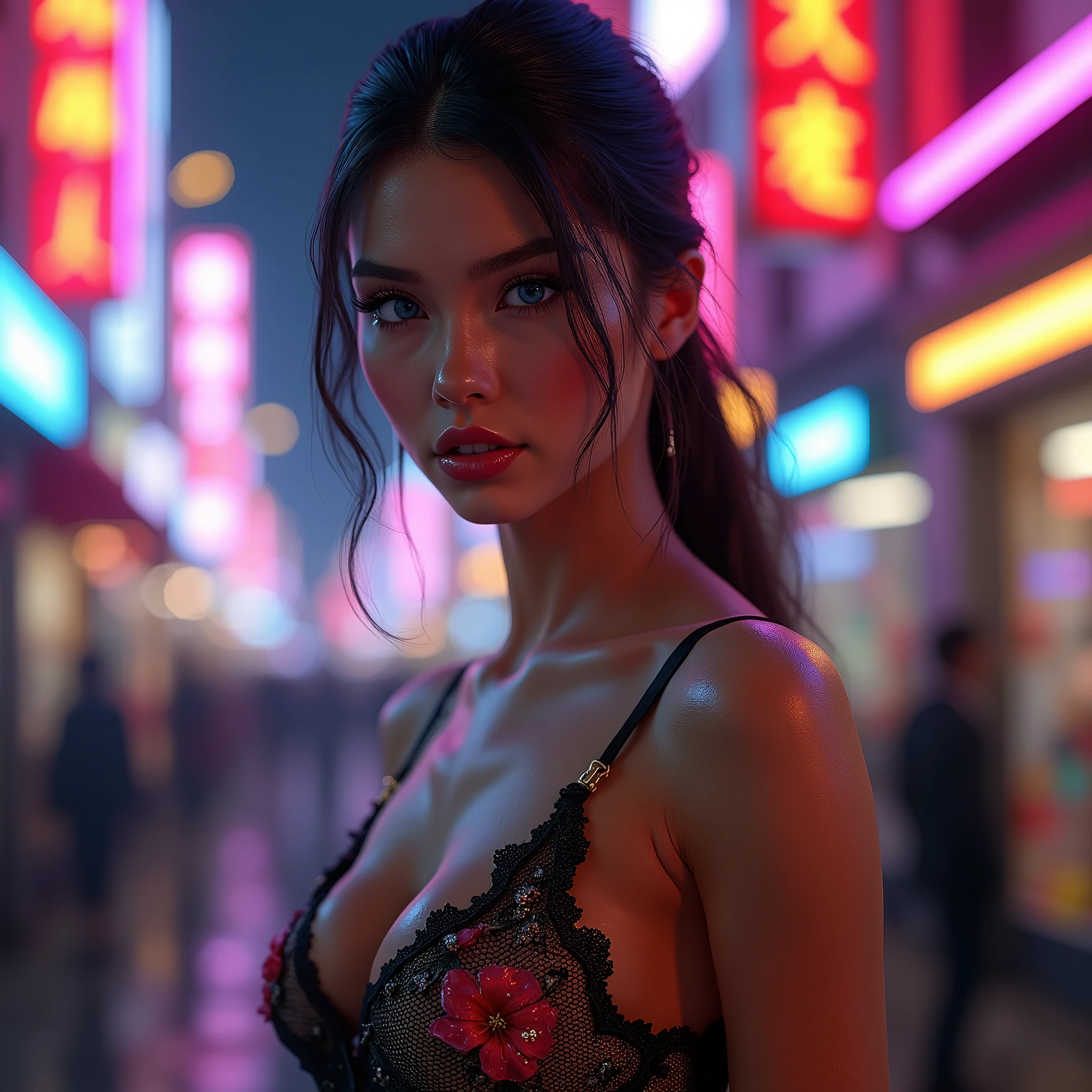 She looks a bit like Jessica Alba, Beautiful Brazilian girl, brown hair in a ponytail, 18 years old, beautiful thin figure symmetrical eyes, (beautifully detailed face, beautiful detailed eyes), dramatic lighting, (photo realism:1. 4), realistic, sharp focus, HD, highly complex, intricate, photography, hyperrealism, hyperrealistic, raytracing, physics-based rendering, ((8k, RAW photo, masterpiece), High detail RAW color photo, (highest quality), (best shadow), (best illustration), ultra high resolution, highly detailed CG unified 8K wallpapers), rim lighting, vivid color, post-processing, vibrant, color grading, She is standing in the middle of the street at night in Las Vegas, where there are many casinos and all of them are beautifully lit, she is wearing clothes in which she is going to a nightclub for a party.
