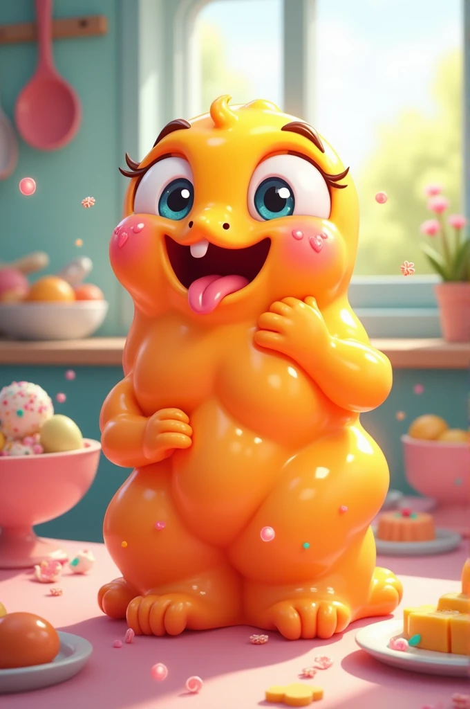 Furry, giant fox ears, solo, glowing bright pink eyes, gold slime girl, gold slime body, giant inflated breasts, thin thighs, thicc, looking down at viewer, abs, heart-shaped pupils, slim arms, deep gold blush, mommy milkers, dommy mommy, hypnotic eye swirls, massive wide open eyes, mouth open with extremely long tongue sticking out, unhinged jaw, saliva dripping, fluffy gold slime hair, fluffy gold slime cheeks
