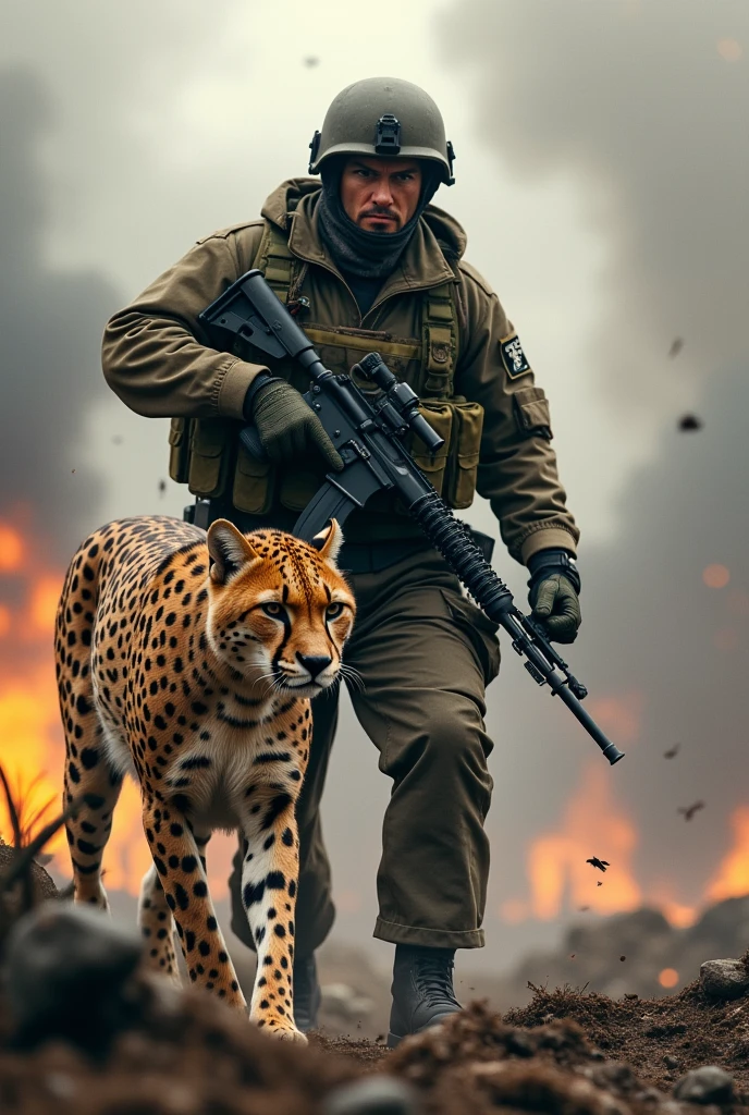 An anthropomorphic animal, a photo of a jaguar in military armor, (holding a 7.62: 1.4 caliber sigsauer rifle), in the middle of a jungle cutting battlefield, exhausted, desert, explosions, smoke, combat posture, still war shots,
, dust scattered, shots, realistic intricate details, serious, surreal, masterpiece, best quality