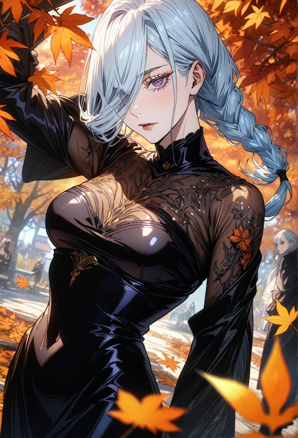 absurdres, highres, ultra detailed, HDR, master piece, Mei Mei, light blue hair, hair tied in a braid, hair falls over hair left eye, expressive purple eye, extremely beautiful, black clothes, sexy woman, best quality, Jujutsu Kaisen, autumn, solo, fantasy, magical, sensual, glittering, accessories, orange leaves, orange tree, glittering eyes