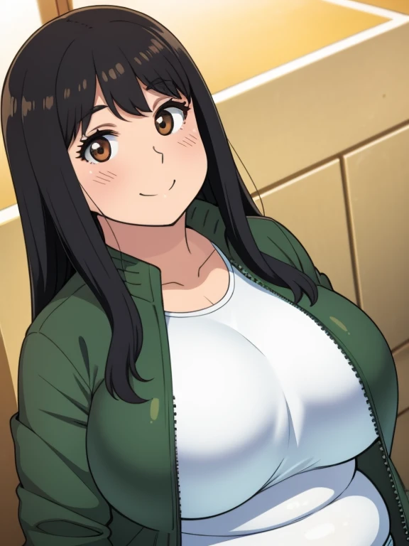 Plump year 21 big breasts black hair brown eyes happy longer hair smile blushing deredere green jacket