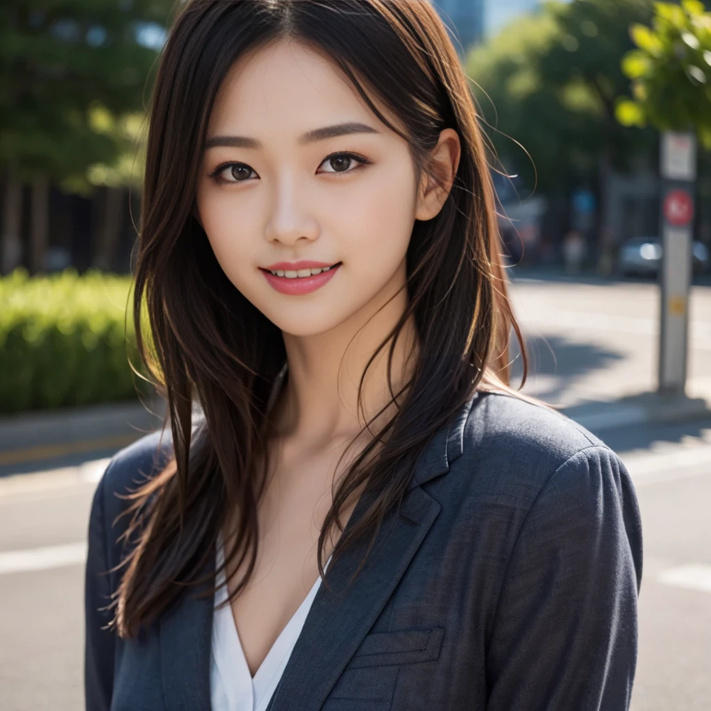 8k, (Raw photo:1.2), (Photorealsitic), Beautiful detailed, Famous popular actresses、 (Real: 1.4), extremely detailed eye and face, beatiful detailed eyes, ((Dazzling night illumination plaza:1.2)), ((Women's Suits:1.3, Ultra-realistic pantyhose:1.2))、selfee、Instagram、harsh trial, Please look at the camera and raise your hand、huge filesize, hight resolution, ighly detailed, top-quality, [​masterpiece:1.6], illustratio, ighly detailed, nsfw, finely detail, top-quality, 8k wallpaper, Cinematographic lighting, 1 milf, 19 year old, perfect body type, Beautiful big drooping eyes、Pieckfinger, ((masutepiece)), Best Quality, eye shadow,  high-heels、Portrait、(Very affectionate smile:1.2)、realistic skin textures、shinny skin、Exposed thighs, low angle photo,