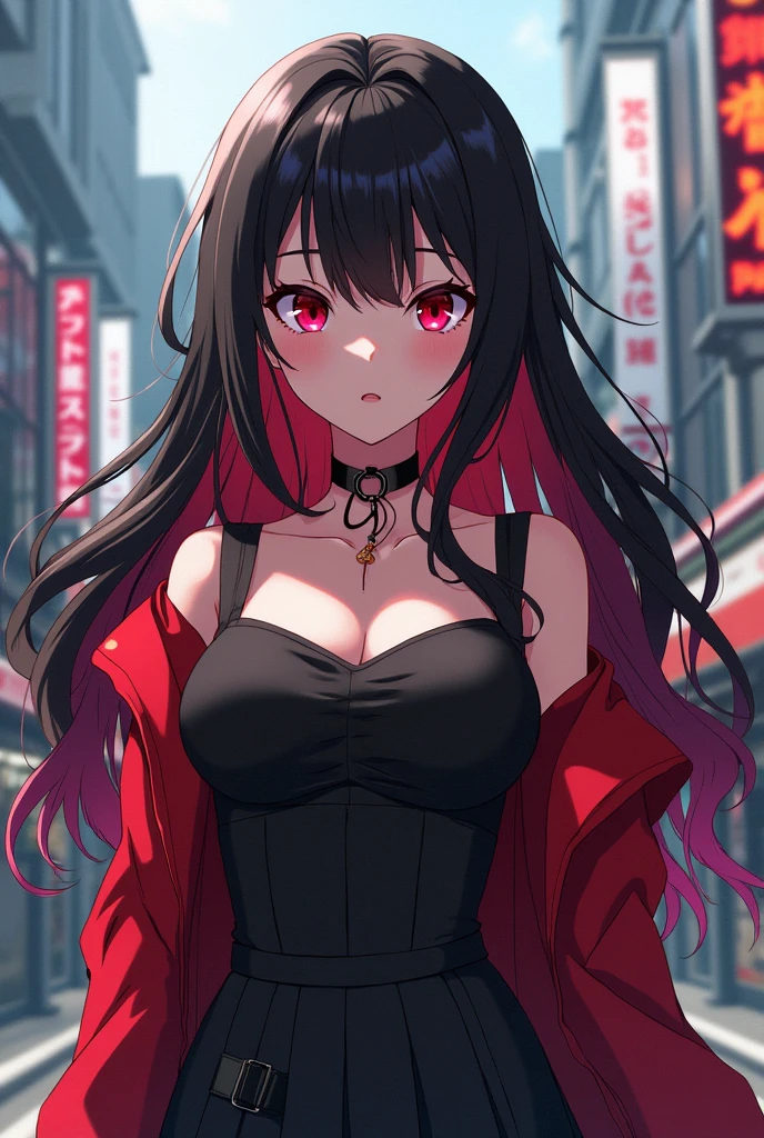 slender, mature female,1girl, breasts, rating:safe, long_hair, flower, red_eyes, earrings, large_breasts, cleavage, dress, looking_at_viewer, choker, solo, jewelry, bare_shoulders, collarbone, bangs, blush, outdoors, red_dress, parted_lips, hair_ornament, petals, very_long_hair, wa2000_(girls_frontline), one_side_up, sidelocks, upper_body, hair_flower, cherry_blossoms, purple_hair, off_shoulder, strapless, building, jacket, pink_flower, tree_branch, day, eyebrows_visible_through_hair, strapless_dress, tree, long_sleeves, black_choker, brown_hair, blurry, open_mouth, alternate_costume, open_clothes
