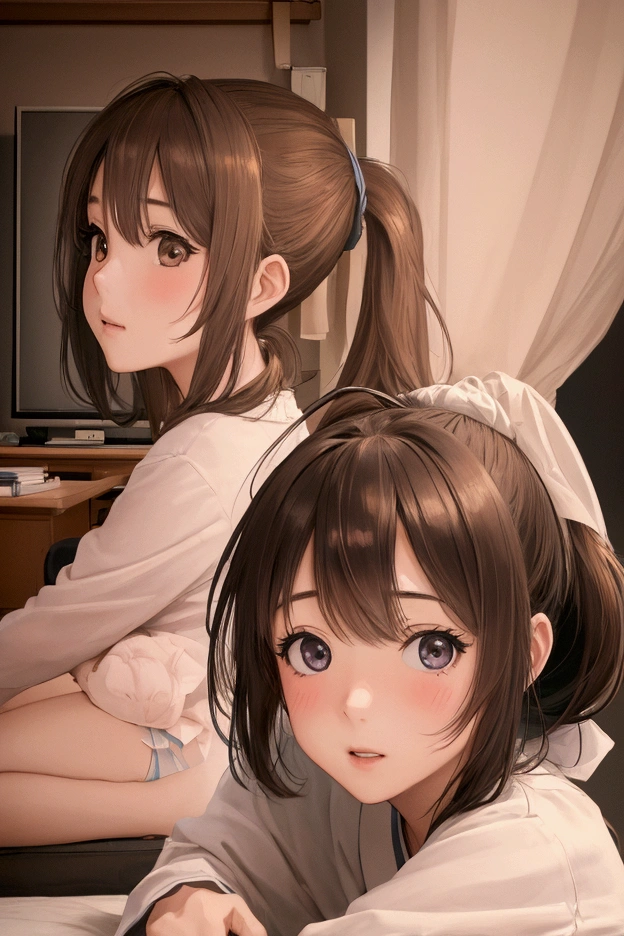(hyperdetailed, epic realism:1.2)), girls have lesbian sex in an intimate setting, kissing, cunnilingus, suck nipple, grab breasts, one girl sits behind another girl, intricate details, sheer lace underweare, shyness, tenderness, sexuality, (hyperrealistic, 8K award-winnig art:1.2) kkw-ph1