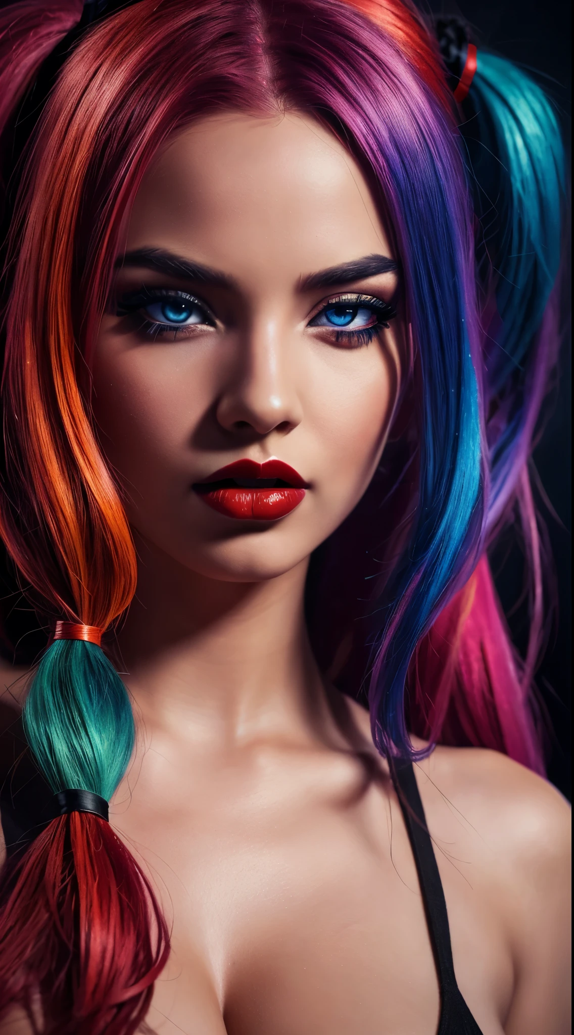 Masterpiece, Jinx from Arkane, (UHD, 8K wallpaper, High resolution), Cinematic lighting, award-winning, extremely detailed skin, extra detailed face, high detail eyes, photo-realistic, Zeiss 85 mm F/1.4, by Ellen von Unwerth