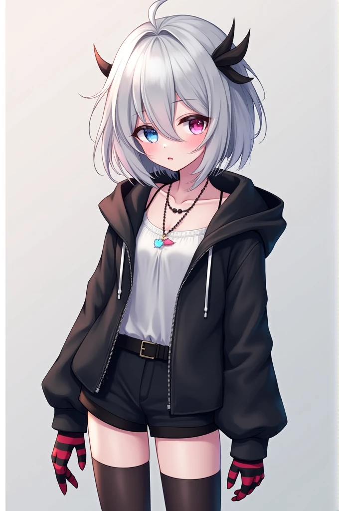 Tosaki mimi(VSPO),Bobcut,Light purple hair,Dark pink back hair,Dark blue down jacket,Small breasts,The chest area is torn,One legged tights,round 1,White T-shirt,Purple eyes,White rabbit hair accessory with black eyes,Earrings,choker,