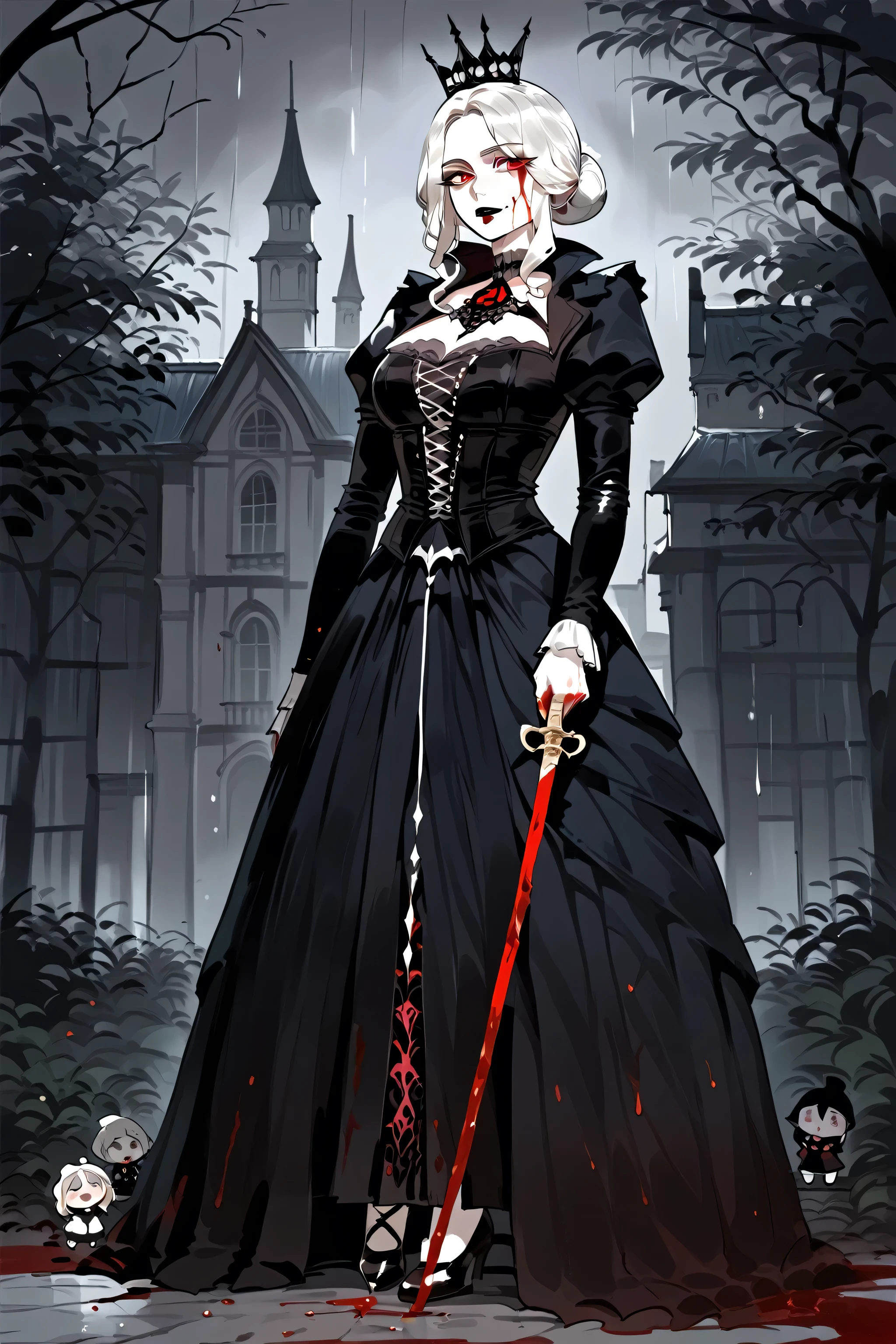 {{{full body, Chibi, greyscale, Red blood rain}}} solo, looking at viewer, hair in bun, sadistic, red eyes, mature woman, tilted open diadem on head, sadistic, beautiful carmilla vampire queen, dark gothic Victorian, black lipstick, covered in blood, blood rain, simple background, standing