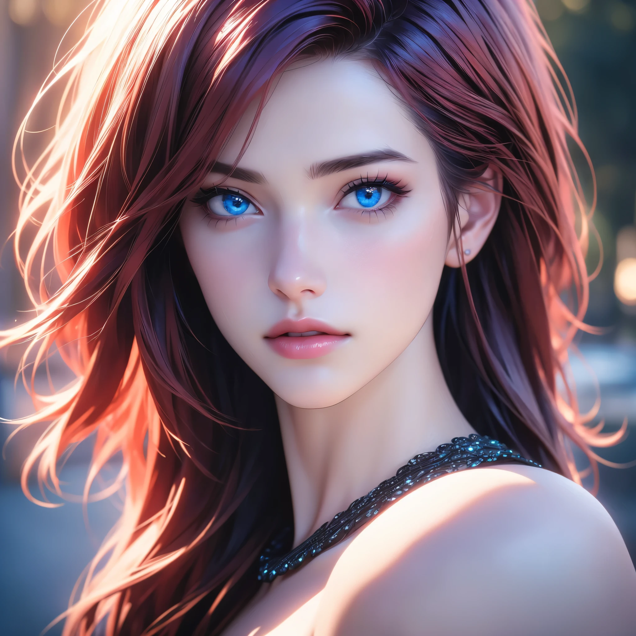 1girl, solo, blurry, realistic, depth of field, beautiful detailed lips, beautiful blue eyes, long red hair, 3d, black choker, photorealistic, beautiful detailed nose, short hair, blurry foreground, looking at viewer, beautiful detailed teeth, (best quality,4k,8k,highres,masterpiece:1.2),ultra-detailed,(realistic,photorealistic,photo-realistic:1.37),portrait