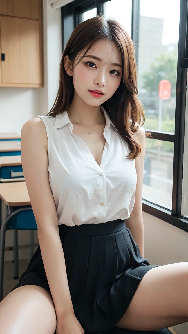 (((very huge round breasts))), (full body shot), short hair, wavy hair, ((school uniform, summer school uniform shirt)), skirt, sleeveless, RAW photo, extremely delicate and beautiful, masterpiece, Best Quality, ultra high resolution, 16k, hyperrealistic, ultra-detailed, Very detailed CG 8k wallpaper, Beautiful Lighting, Perfect Lightning, Realistic Shadows, perfect anatomy, super Detailed shiny skin, perfect figure, Japanese woman, late 20s, very Slim body, narrow waist, very small head, handsome detailed woman, very detailed eyes and face, realistic face proportions, Stunning detailed eyes, Realistic beautiful face, very small face, Realistic small beautiful eyes, double eyelids, makeup, tearful mole, mole on chest, earring,