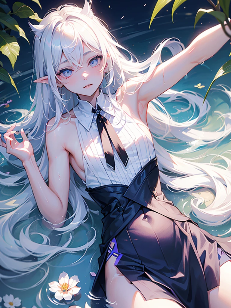 (1boy), solo, ((Neuvillette)), Genshin Impact, base in manga, handsome,  (purple-shaded slit eyes, pointed ears, and waist length white hair with a single lock that has a blue underside, he also has what appears to be two bright, blue horn- or feeler-like accessories at shoulder length), chill, water, night, jungle, white petals, take shower, wet, lying on the water,