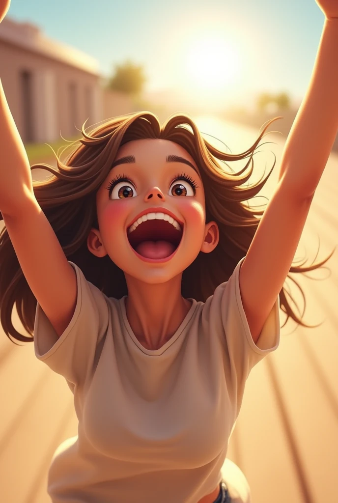A girl laughing a lot, quite flushed and with her eyes open and watery, with both arms up. He is wearing a long-sleeved shirt with a hole just below the shoulder., at armpit level, and allows the armpits to be seen and slide through the armpits that are seen, the tips of the fingers of 4 hands hands with long nails.
