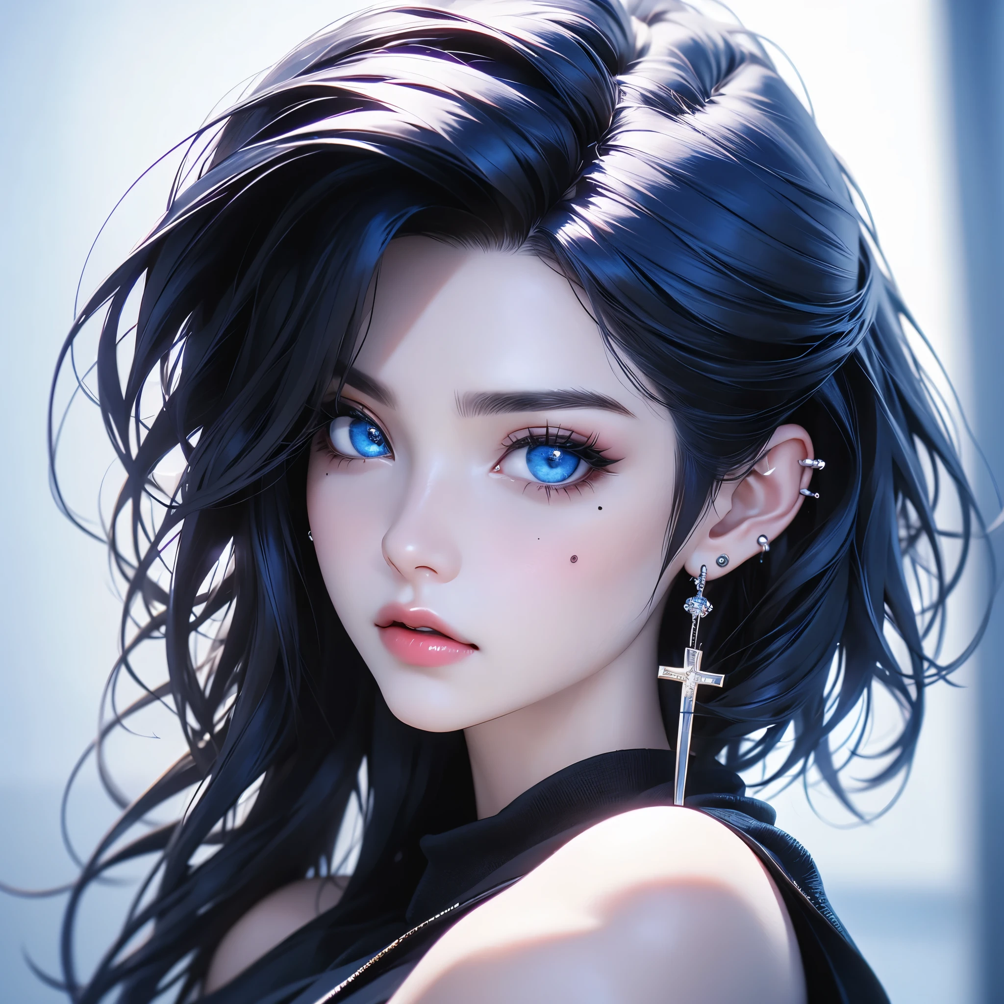 1girl, earrings, solo, jewelry, black hair, short hair, photo \(medium\), realistic, blue eyes, 3d, looking at viewer, upper body, parted lips, bare shoulders, sleeveless, mole, cross earrings, stud earrings