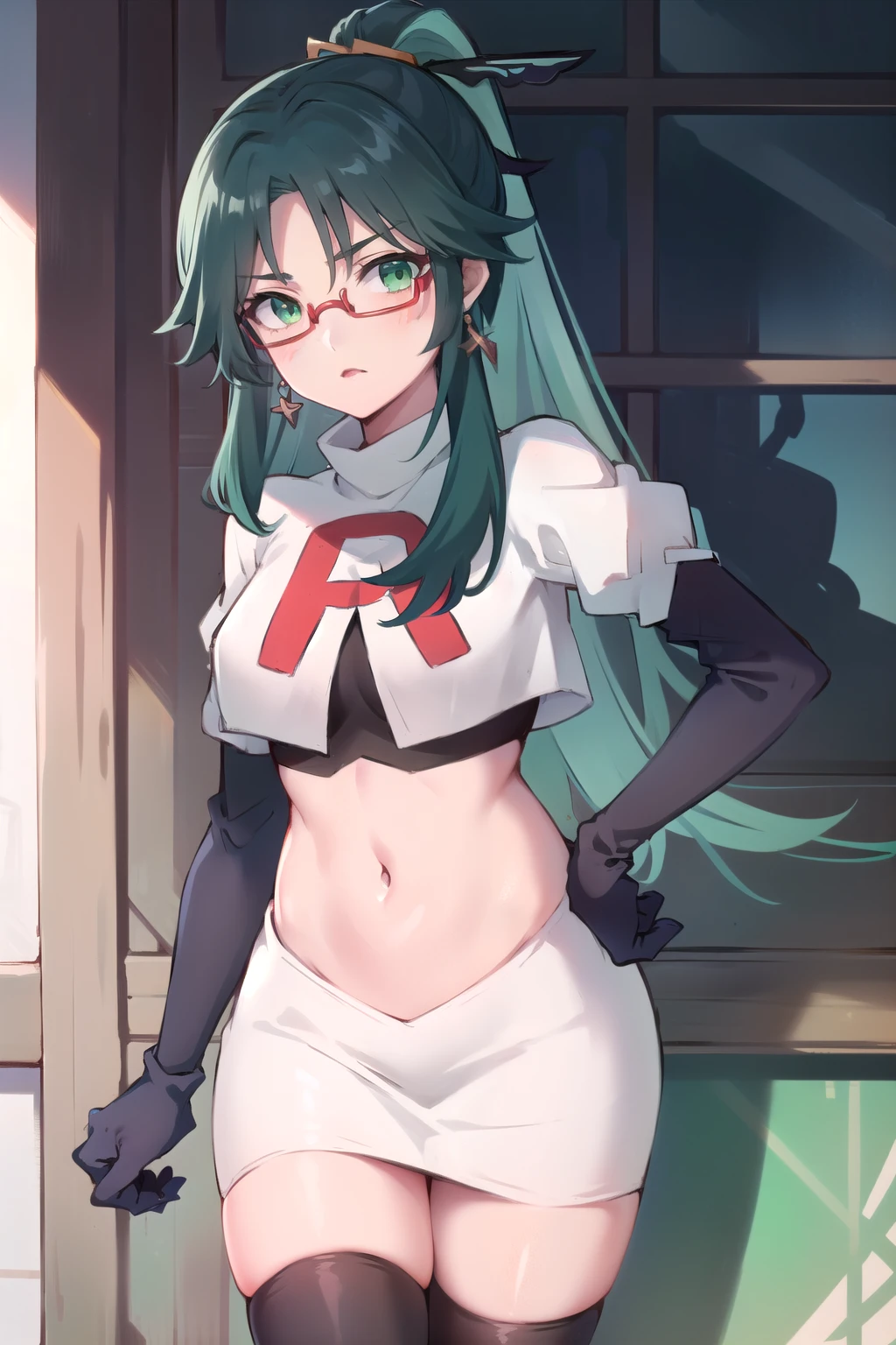  masterpiece, best quality, anime, highly detailed face, perfect lighting, long hair, ponytail, multicolored hair, black hair, bangs, glasses, semi-rimless eyewear, earrings, green hair, hair ornament, jewelry, red-framed eyewear, green eyes, team rocket,team rocket uniform,white skirt,red letter R,crop top,black thigh-highs,black elbow gloves,