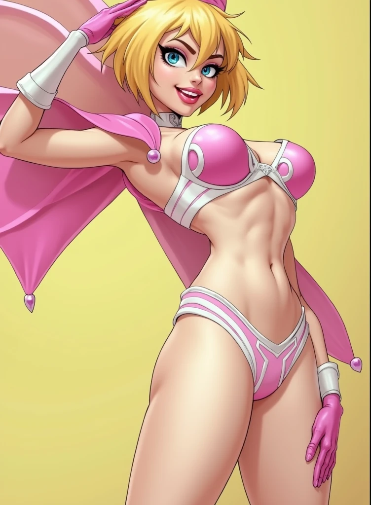 1girl,solo,(shiny clothes),(pink strapless),tight dress, midriff,pencil skirt,highleg,green skirt, twintails, (loli:1.8),eyelashes, (makeup:1.4),(lipstick:1.4), (night:1.3), flat chest, pink eyes, blonde hair, smirk, alley,against wall, partially visible vulva, navel, legs apart, cleft of venus,shoulder bag, high heels, animal collar, facing viewer,