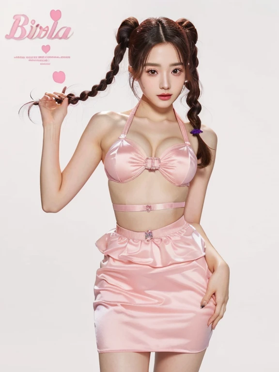 arafed woman in a pink dress with a braid in her hair, belle delphine, e - girl, e-girl, jia, pink body harness, pink halter top, dilraba dilmurat, photo of slim girl model, pink body, pink girl, smooth pink skin, satin, sha xi, sakimichan, some pink, pink clothescute natural anime face, kawaii realistic portrait, Físico : el abdomen más pequeño jamás visto, jisoo from blackpink, popular south korean makeup, quality detailed ,(beautiful makeup :1.2), Wide hips, big, big ass, (best quality, 8K, masterpiece: 1.3), Clear focus: 1.2, Perfect body beauty: 1.4, strong abs, Very detailed face and skin texture. , detailed eyes, double eyelids, (long hair), having very marked curves, with greater volume in ((breasts))